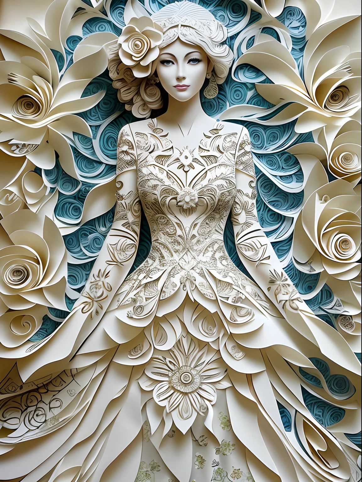 （（（arte em papel cortado，Flat paper cutout。）））There is a picture of a woman in a paper wedding dress, paper modeling art, paper art, made of paper, karol bak uhd, layered paper art, detailed dress and face, Goddess. Extremely high detail, Very detailed woman, detailed woman, Intricate fantasy of reality, fantasy. Intricate, Intricate beauty, Obras de arte intrincadas, intricate portrait