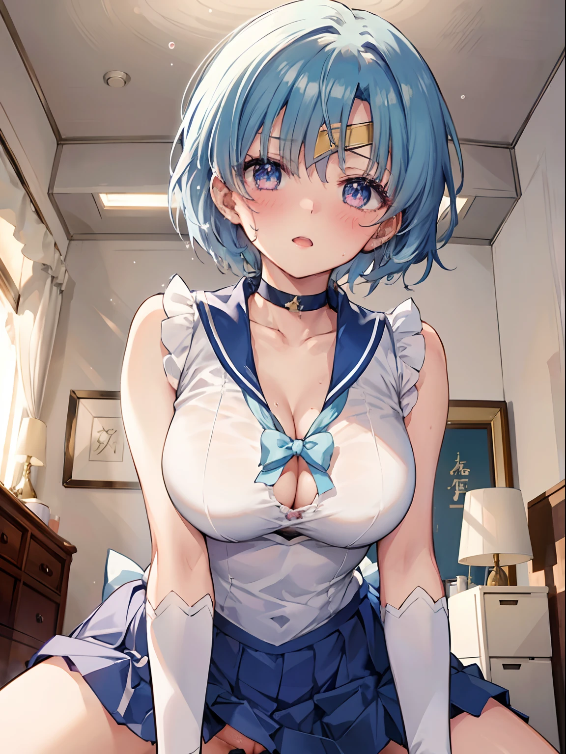 1girl in, 独奏,  Lori, Short hair, lightblue hair, Cute, 

Sweat, Heart-shaped pupil, cum on, cleavage of the breast, 
Half closed eyes, blush, 
Looking at Viewer, From below, Focus, 
Particles of light, Love hotel bedroom, 
​masterpiece, top-quality, Anatomically correct, Anime,NSFW,
POV, girl on top, Straddling, SEX,
Mer1, tiarra, (Sailor Senshi Uniform), White Gloves, Blue skirt,