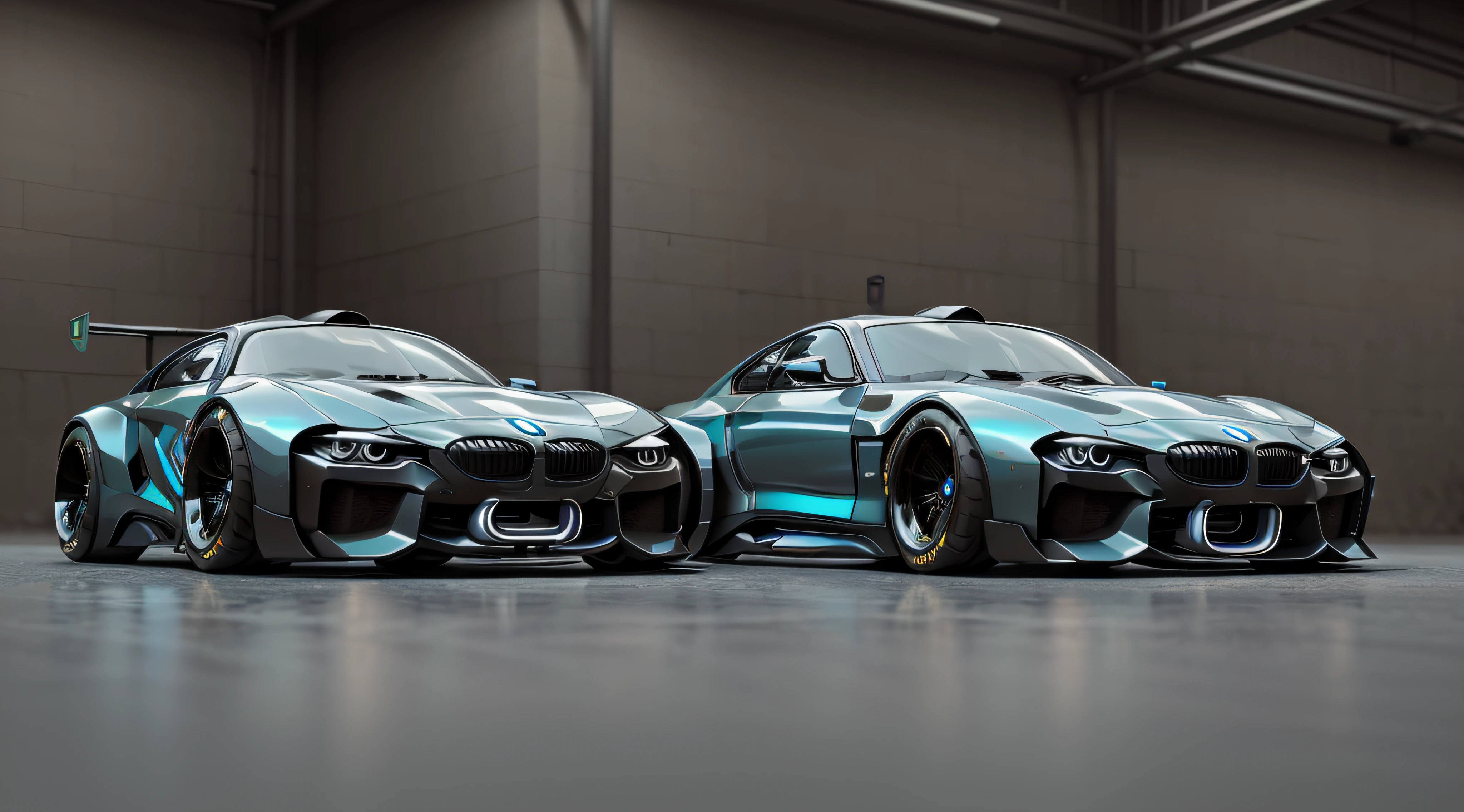 a 3/4 front view of ((futuristic cyberpunk bmw)) (with glowing tires), at the parking lot,