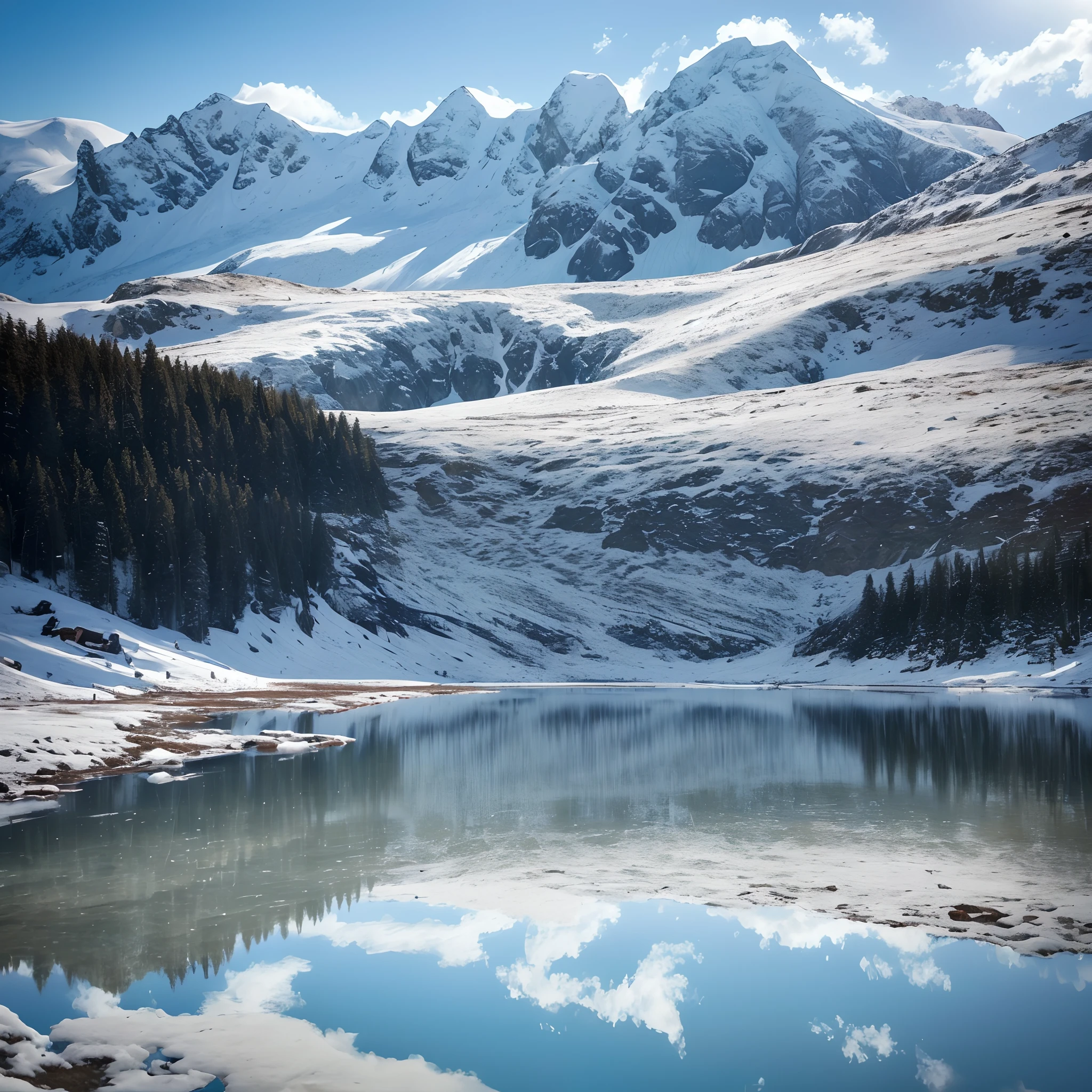 blue-sky，（Ultra-realistic scene 1.3）（Extreme Light and Shadow 1.3）（Aurora Tracking 1.3）Super real，cinematic Film still from，Alps in the distance，（Covers a vast savannah 1.3），（The proportion of mountains and grasslands is about 1:3）There are people traveling in the distance，The warm sun shines directly on the snow-capped mountains，（Super textured，）Super shadows，Super reflected light，Super real water。（Hunter's cabin 1.3）（Melting ice lake 1.3）（Snow and ice melt，Tender green steppe 1.3）（Huge and wide spring prairie 1.3）（Summer sunshine 1.3）