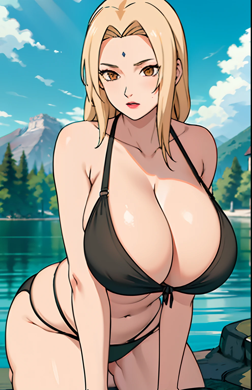 (black bra), (black panties), lingerie, (huge tits), fullbody, cleavage, good anatomy, masterpiece, best quality, 4k, 8k, professional photography, soft light, sharp focus, 1 girl, blonde hair, (mountain), (lake) , outdoor, clouds, blonde hair, parted banks, detailed face+brown eyes, open lips, lipstick,