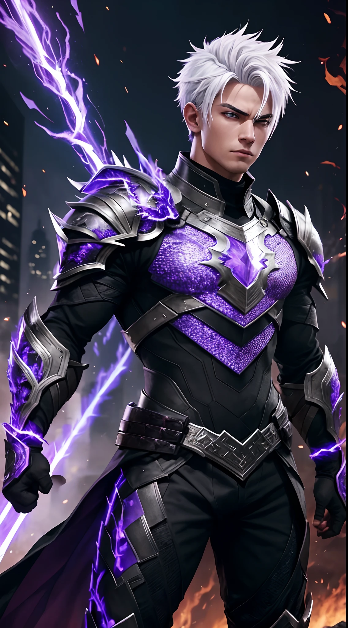 "In the midst of battle, a young man with striking white hair catches your eye. His handsome face is framed by a full body armor, intricately designed to resemble dragon scales. The armor glows with the intensity of hell fire and crackles with purple black lightning, a testament to the power within."