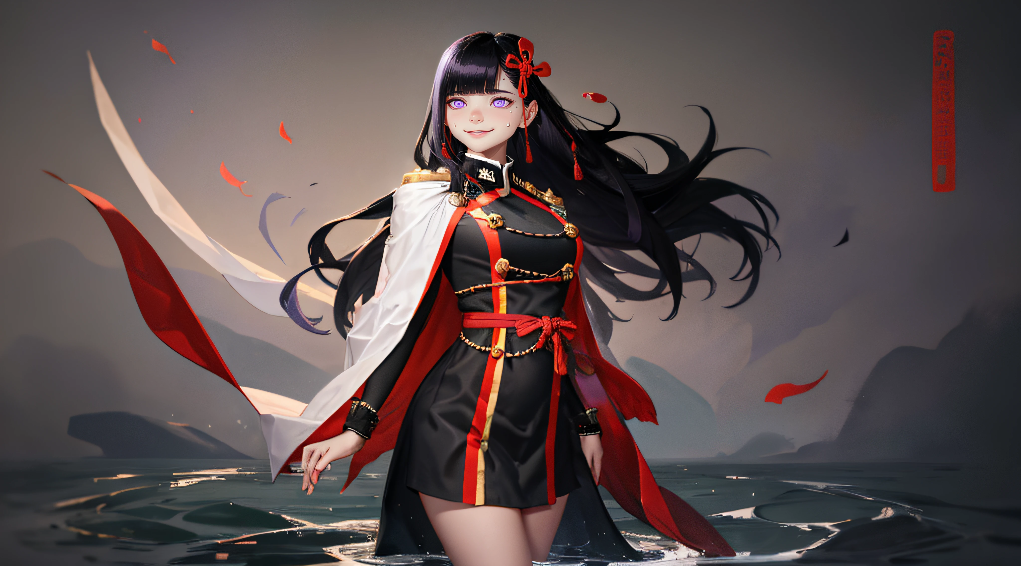 yamashiro768, (black hair, long hair, purple eyes:1.4), hair ornament, a woman with long black hair standing in front of a body of water, a character portrait, by Yang J, pixiv contest winner, black and red silk clothing, 8k high quality, wearing simple robes, kantai collection style, sakimichan frank franzzeta, royal attire akira, from overwatch, with a long black cape, wearing royal kimono