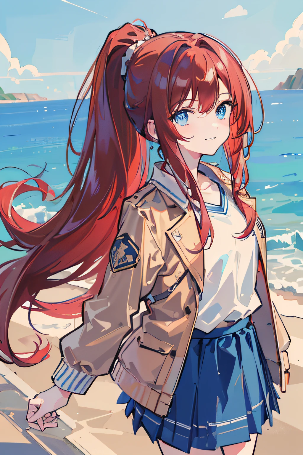 1girl, masterpiece, high quality, ((red hair)), ((straight hair)), (ponytail), ((waist-length hair)), long hair, (((blue eyes))), wearing a white shirt, (wearing a check skirt), ((wearing a brown jacket)), in the Europe, smiling, standing, (walking), blue sky, light sky, blue sea, ((detail face)), in the waterfront, (in the coast)