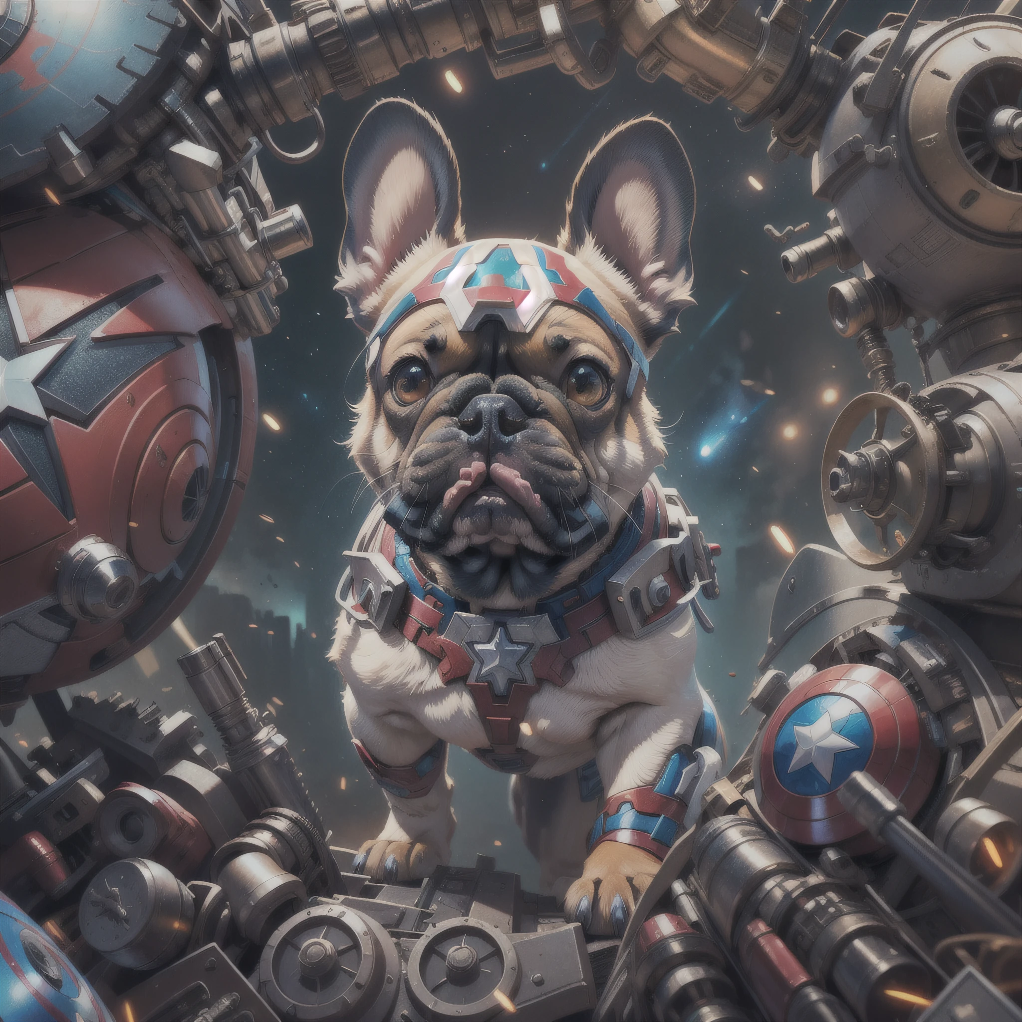 french bulldog, (marvel ironman), Klaren Mecha-Planetenhintergrund, Stereoskopischer Effekt, 3D-gerendert, (Beste Illustration), (super detaillierter CG), Digitale Malerei, Eyes of the Milky Way, Ultra-Definition, --ios 120, Akribischer Ausdruck, HDR, Extrem hohe Detailgenauigkeit, Unreal-Engine, satte Farben, Oktan-Rendering, 8K