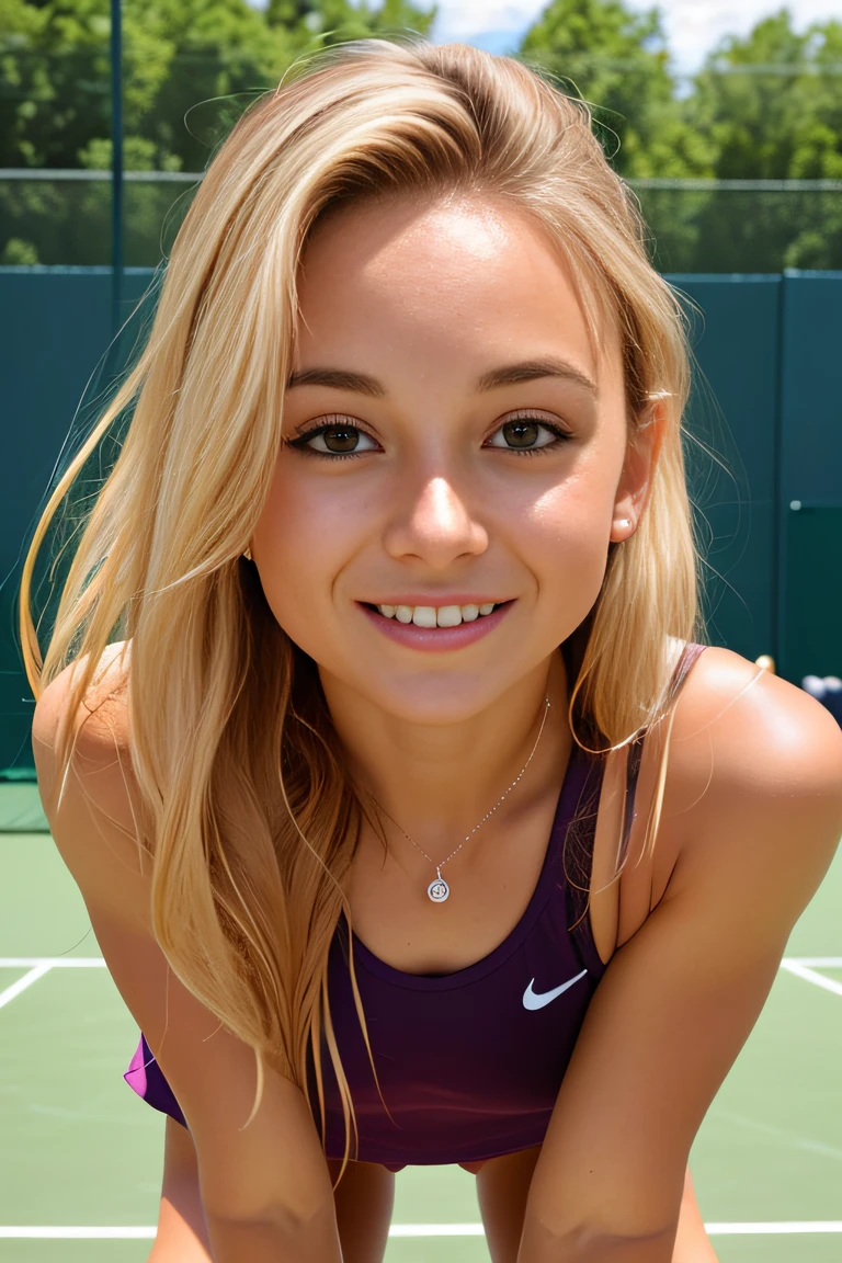 (((Draw only one woman: 2))), (Tennis Court: 1.3), (Beautiful and stylish 25 year old Russian woman), (Blonde, Russian woman with white skin), (Sweaty Tank Top Tennis Wear: 1.6), ((1screen)), 8K, RAW shot, top quality photo, masutepiece, Nice and realistic photos, (Anatomically correct proportions), (Perfect proportions), (a small face) , Detailed face, Detailed eyes, Narrow Nose, ((Detailed fingers)), ((Perfect fingers)), detailed arms, Detailed skin, Detailed legs, Narrow waist, (short torso: 1.2) , Big breasts, (accurate fingers: 1.2), (Sweaty skin: 1.4), (Wet hair: 1.5), (Wet bangs: 1.5), (Cute Skort), (Playing tennis)