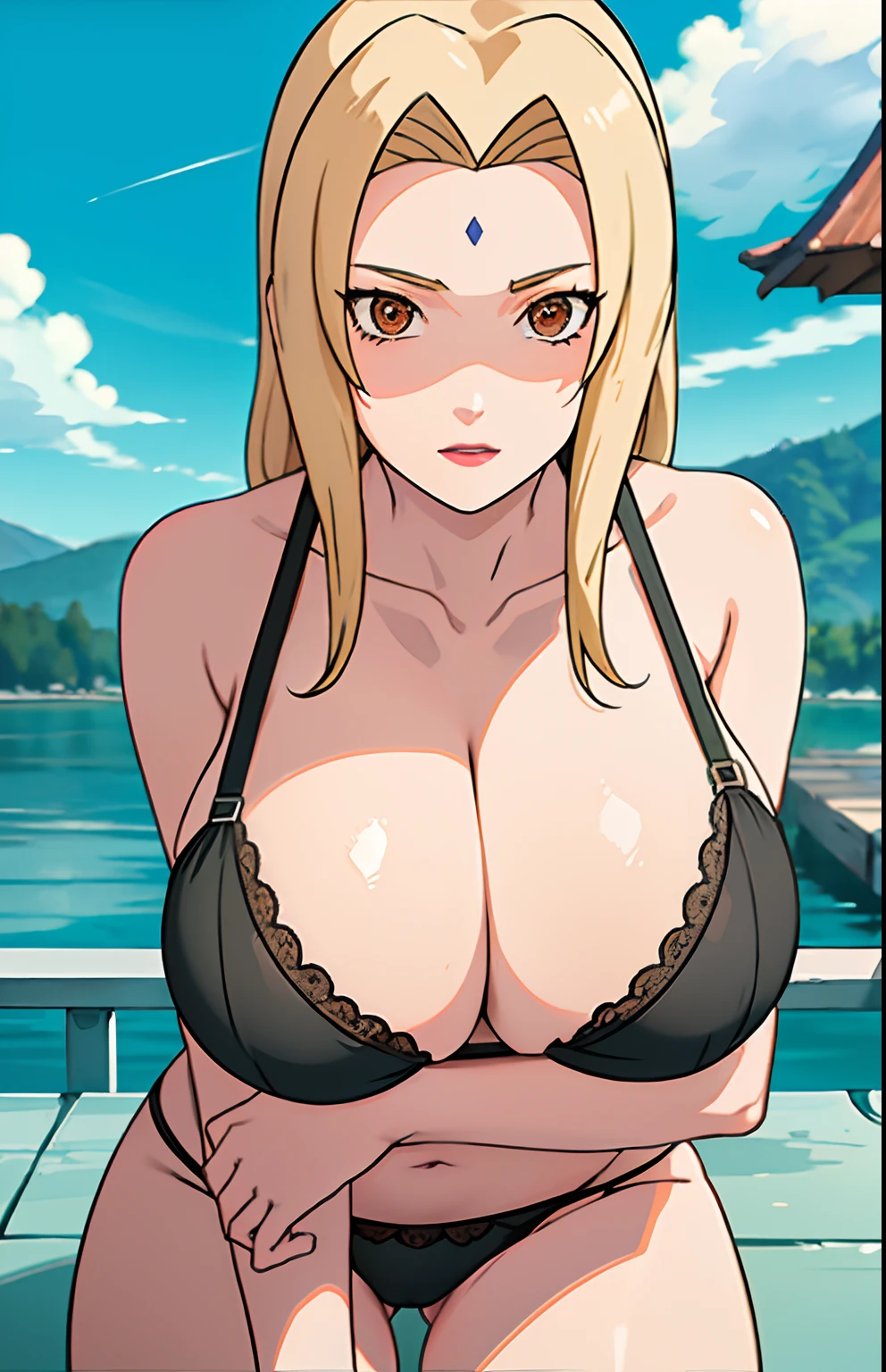 (black bra), (black panties), lingerie, (huge tits), fullbody, cleavage, good anatomy, masterpiece, best quality, 4k, 8k, professional photography, soft light, sharp focus, 1 girl, blonde hair, (mountain), (lake) , outdoor, clouds, blonde hair, parted banks, detailed face+brown eyes, open lips, lipstick, close up view,