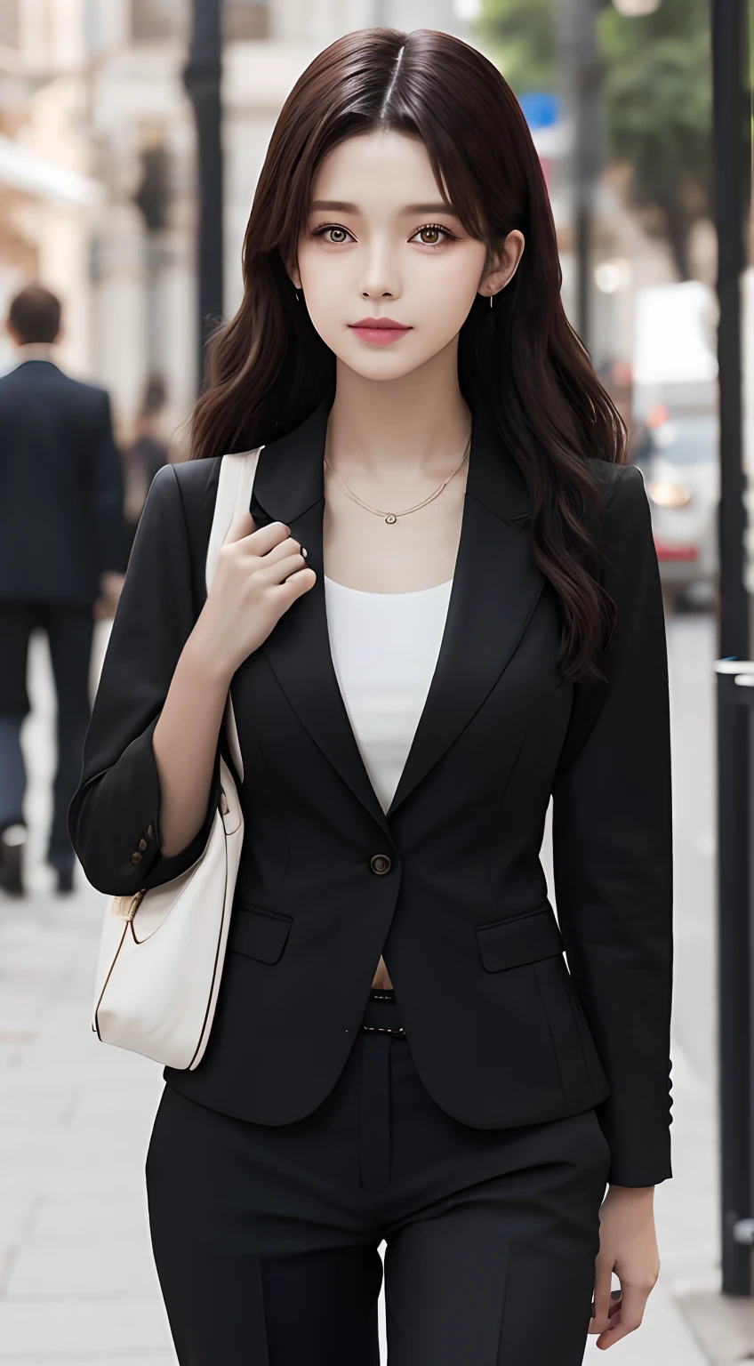 best quality, masterpiece, 1girl, Beautiful face, (photo realistic:1.3), rim lighting, (high detailed skin:1.2), 8k uhd, dslr, high quality, high resolution, 4k, 8k, Bokeh,  absurdres, best ratio four finger and one thumb, (realistic:1.3), cute 1girl, wearing black formal blazer, medium breasts, short skirt,