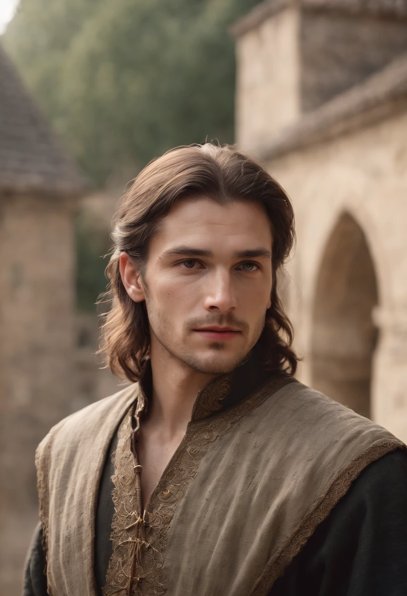 Cinematic portrait, upper body, face, facing the audience, (Reality :1.3), one of the most beautiful artworks in the world, a man looks into the camera, medieval costumes, (old clothes damaged and weathered :1.4), detailed beautiful face, action shooting, ancient city background, realistic photos, CG, Art Station
