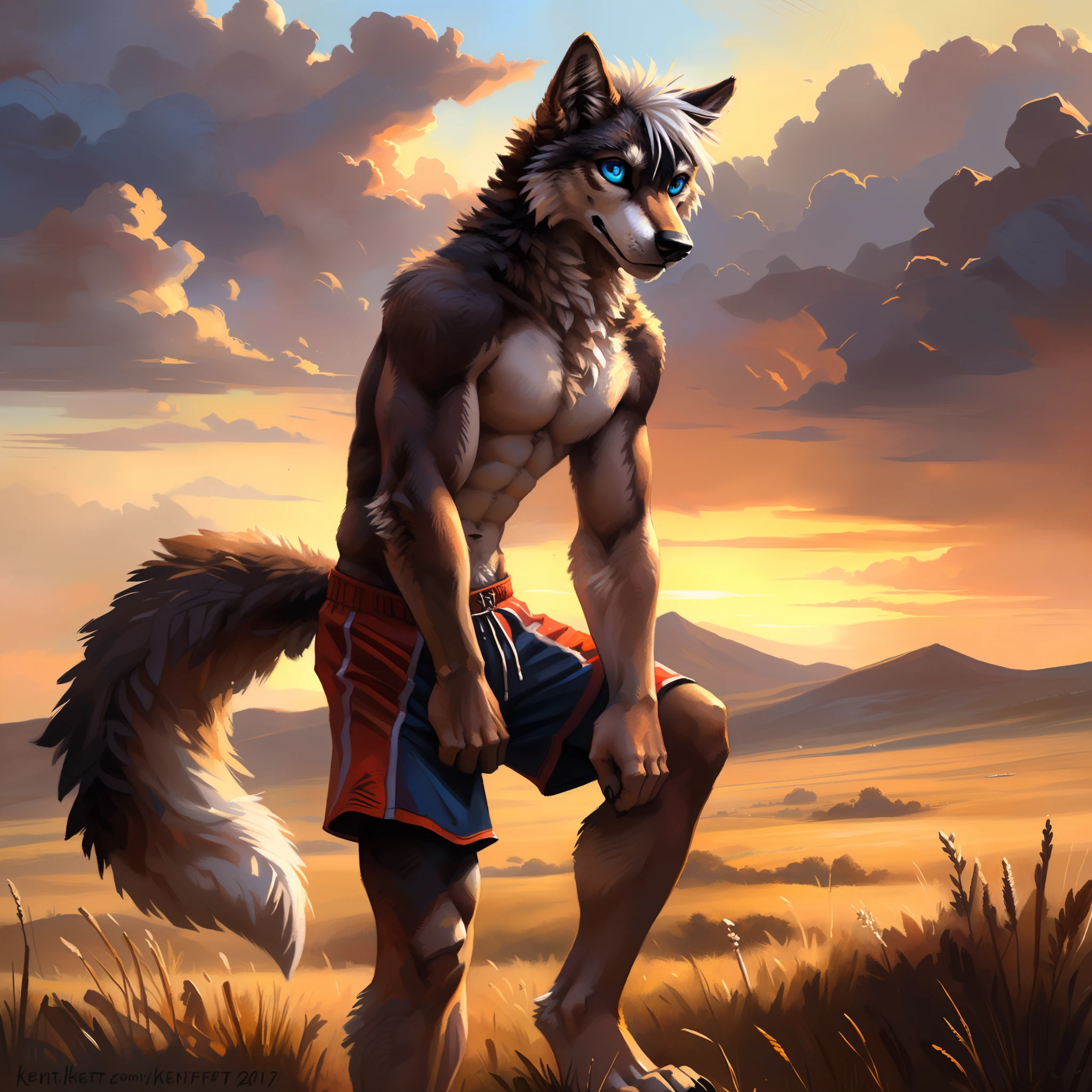 "Masterpiece, Cool Pose, Furry werewolf, werewolf, furry body, anthro orange werewolf, (monotone orange fur:1.3), male, black beard, white chest fur, adult, (heavily muscular, manly, brutal, masculine:1.4, massive cum filled butt:1.5, cum in shorts), green eyes, realistic eyes, Casual Set, Fierce, Good looking, Smirking, Breeze wind, Comfortable, Looking To Back, werewolf back, look at Sitting In Grass, High Ground, Sunset, Hill Background, (by Taran Fiddler, by Chunie, by Rukis, Bonifasko lighting), best posture, claws on hands, (photorealistic fur, detailed fur, epic, masterpiece:1.2), sexy shadows, (by echin, by Taran Fiddler, by takemoto arashi, by Traver009, by Juiceps), (detailed eyes:1.2), impressive physique, Focus on the back, Watching the sunset, a coffee cup on hand, green shorts, wearing a black tank top