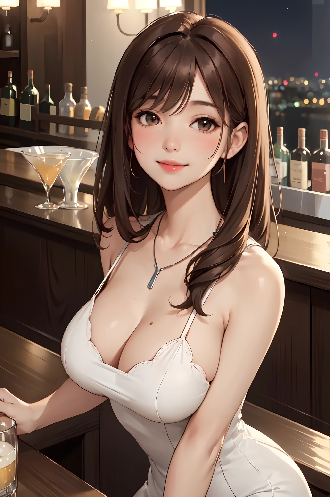 1lady solo, mature female, /(pencil dress/) necklace, /(brown hair/) bangs, blush kind smile, (masterpiece best quality:1.2) delicate illustration ultra-detailed, large breast, arms down, /(bar counter night/)