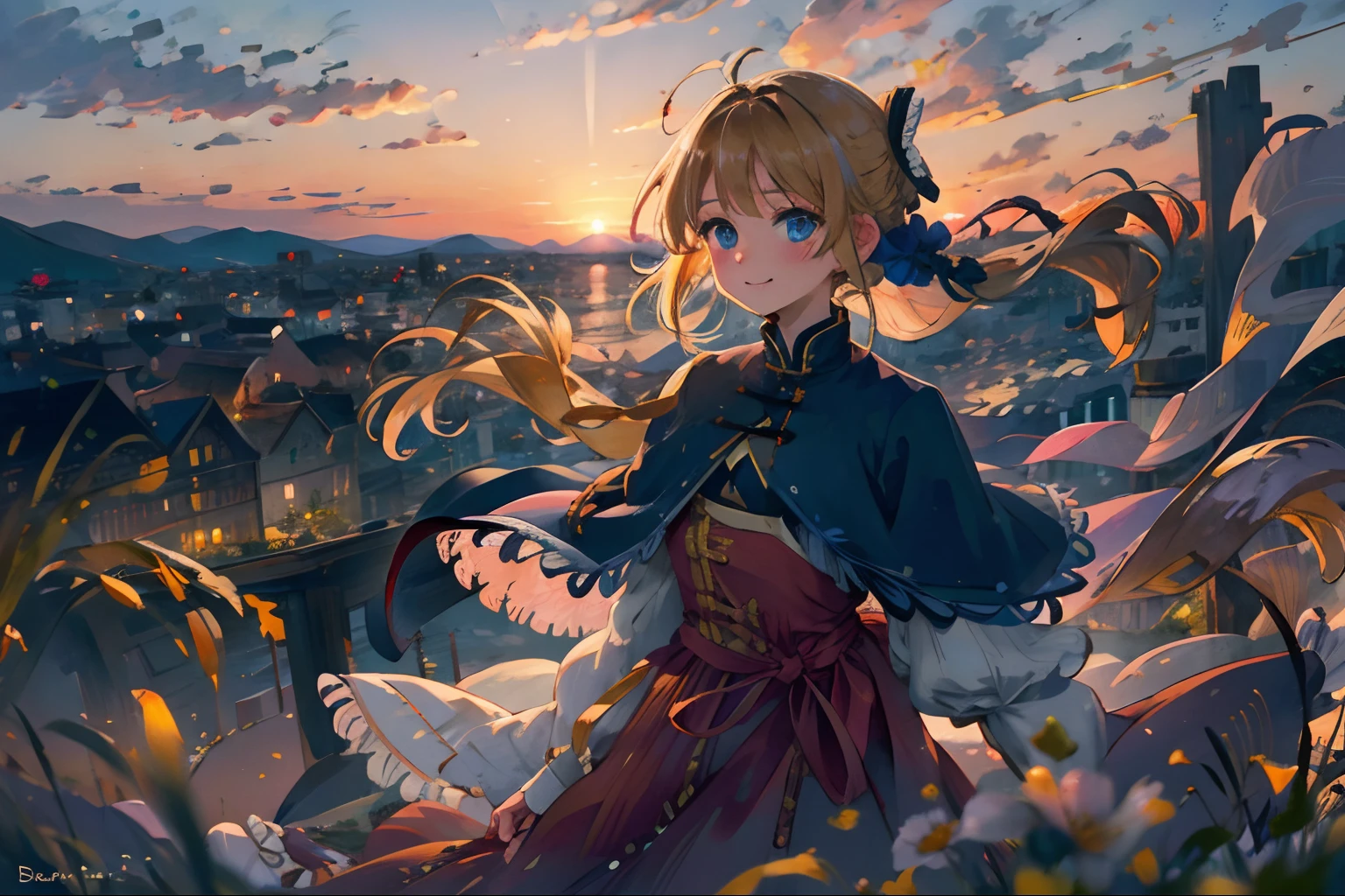 best quality, masterpiece, extremely detailed, detailed background, 1girl, solo, yellow hair, blue eyes, braid, long hair, wavy hair, fluffy hair, ponytail, french braid, blush, smile, capelet, lace trim, bodice, sunset, dusk, scenery, high place, horizon, wind, wind blow, flowerbed, looking at viewer, depth of field, bokeh