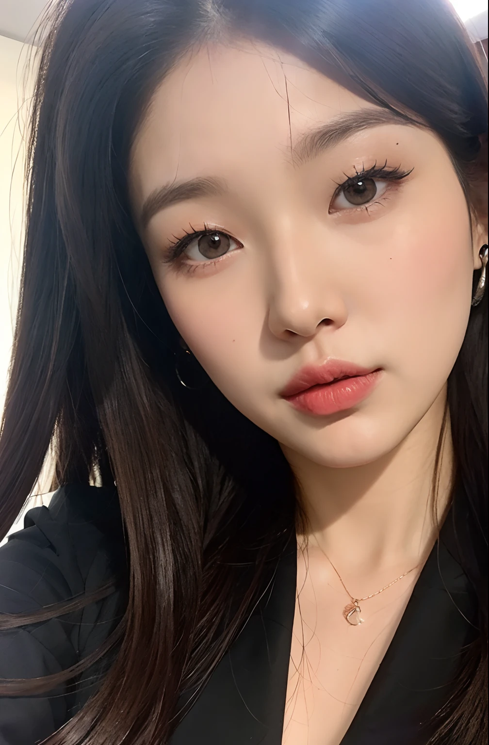 there is a woman lying on a bed with a pair of earrings on her head, linda Delphine, beautiful aesthetic face, coreana, Beautiful Asian girl, maquiagem sul-coreana popular, Sakimichan, maquiagem coreana popular, detailed face of a asian girl, Mulher sul-coreana bonita, rosto sexy com maquiagem completa, clear lips and high quality, Asian face