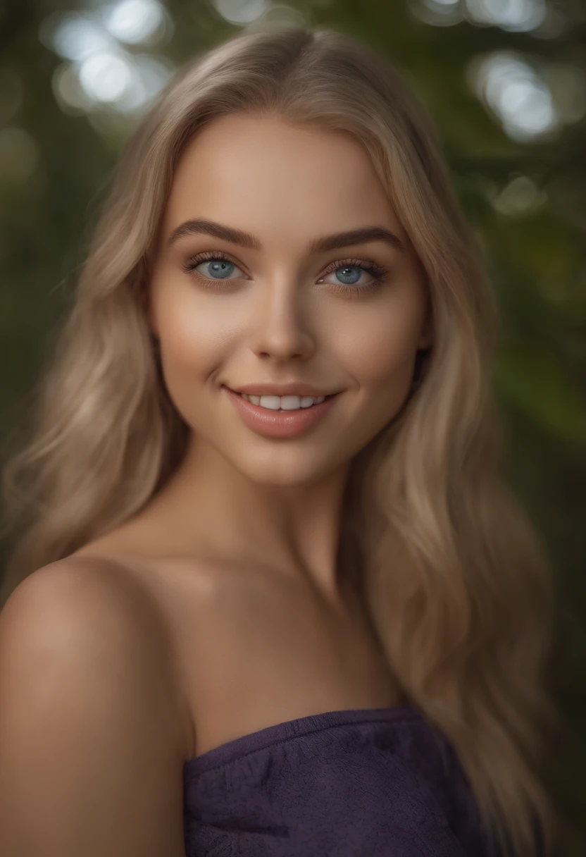 arafed woman fully , sexy girl with blue eyes, ultra realistic, meticulously detailed, portrait sophie mudd, blonde hair and large eyes, selfie of a young woman, bedroom eyes, violet myers, without makeup, natural makeup, looking directly at the camera, face with artgram, subtle makeup, stunning full body shot, nature, sunshine, smiling, large size bust