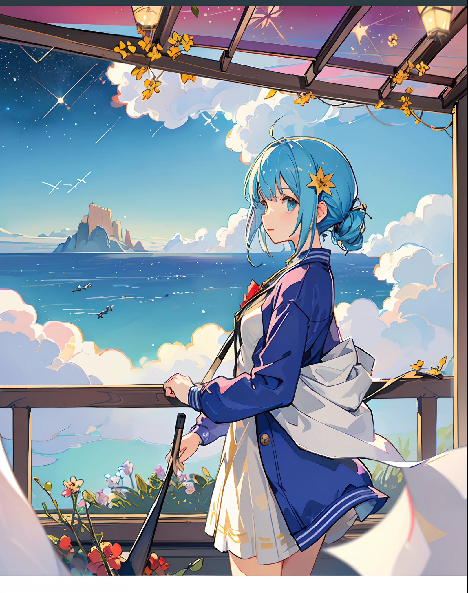 best quality, masterpiece, extremely detailed, detailed background, anime, 1girl, young girl, short girl, sci-fi, science fiction, outdoors, night, starry sky, greenhouse, megastructure, bio-dome, landscape, scenery, horizon, rooftop, sitting on rooftop, wind, looking away, atmospheric lighting, solo focus, close up, from side, depth of field, bokeh