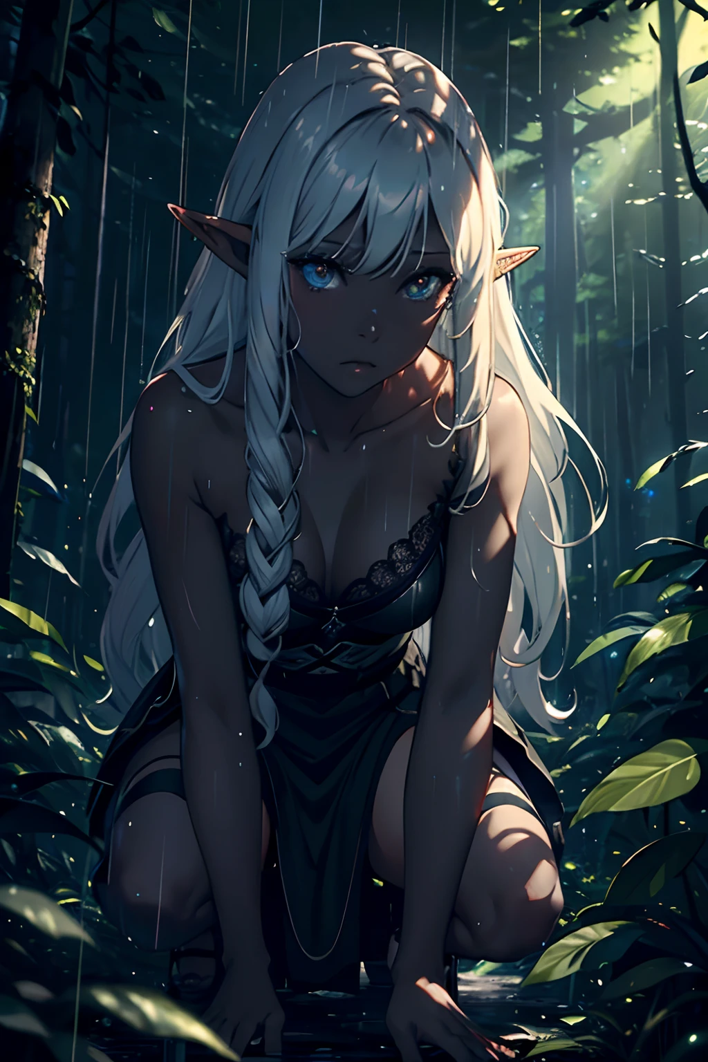 4D、Elven Woman,blacks,12year old,(8K picture quality、high-detail、masterpiece、ultra-definition)、Ray traching、In the dark forest,being hit by rain,a blond、white hair、length hair、((Black skin))、high-detail skin、(Frightened face),Slit skirt,long skirt、crouching