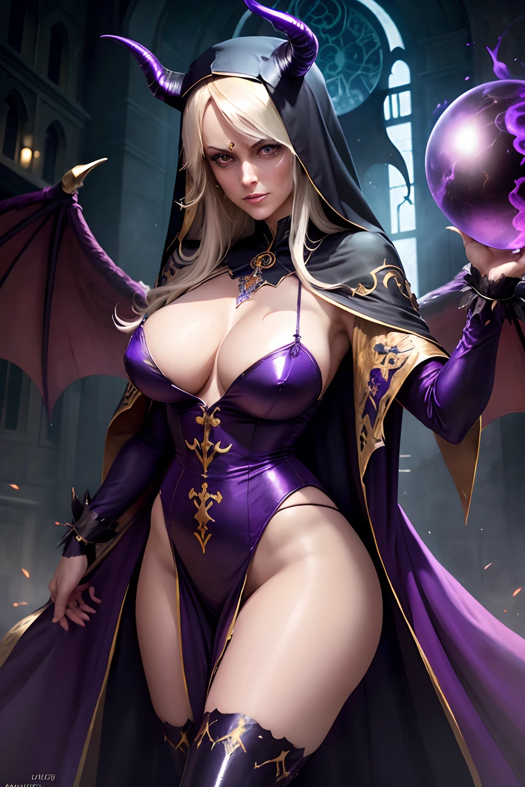 Stormy Daniels : The evil nun, Demon horn, Demon wings on the head , sexy robe de nonne, His hands preparing a sphere of purple energy, diabolique, insidieux, His powerful magic hits the buildings of a city , Context of the Satanic Church, detailled eyes, detailed hands