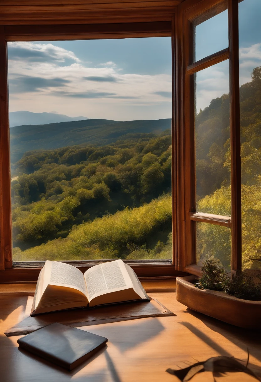 one book, A pen in the middle of the book, window, light wind, DL, View from the window, suns,Side view