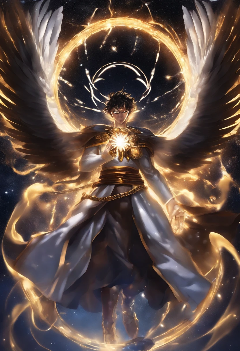Cosmic Fallen Angel con cara luffy gear 5 Dios nika de una sola pieza, Ojos claros y brillantes, biomech, misterioso, horripilante, pesadilla, colores muy brillantes, light particles, con luz brillante, Mshiff, Arte de papel pintado, Fondo de pantalla UHD