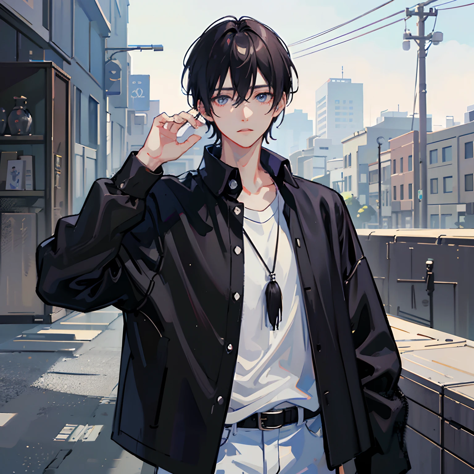 1boy, bangs, berries, black hair, black shirt, blue eyes, hair between eyes, jewelry, leaves, looking at the audience, male focus, necklace, pants, shirt, solo, watch, white pants, watch, messy hair, trends on artstation, 8k resolution, very detailed, anatomically correct, clear images, digital painting, concept art, fashion trends on pixiv, Makoto Shinkai's style,