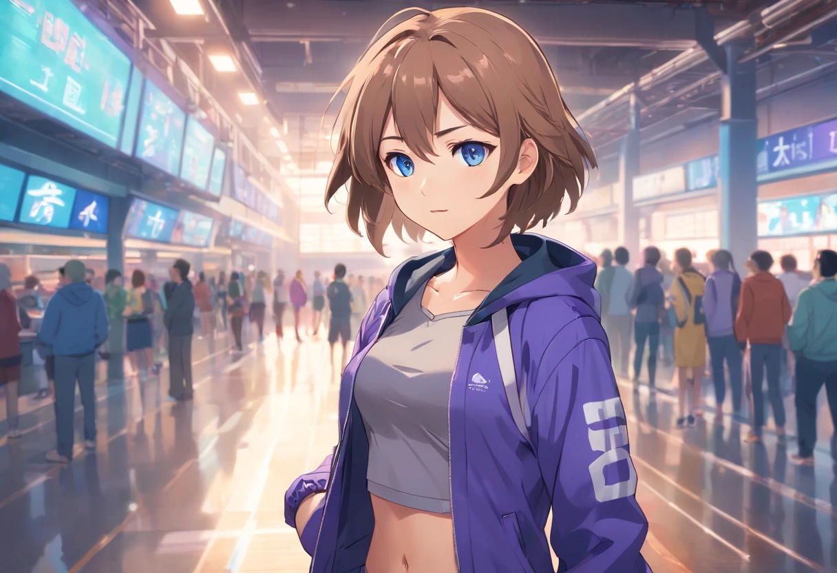 1girl, light brown hair, blue eyes, looking at viewer, grey panties, grey sports bra, open track purple jacket, standing