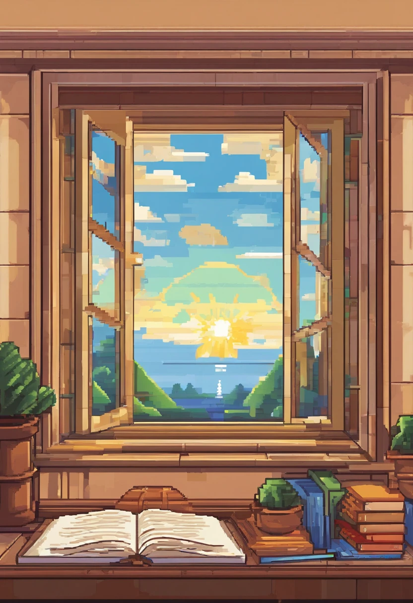 one book, A pen in the middle of the book, window, light wind, DL, View from the window, suns,Side view