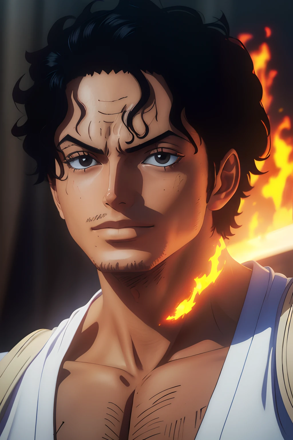 8K, Best Quality, Masterpiece, Ultra High Resolution, (Realism: 1.4), Original Photo, (Realistic Skin Texture: 1.3), (Film Grain: 1.3), (Selfie Angle), Beautiful Eyes and Face Details, Masterpiece, Best Quality, Close-up, Upper Body, Looking at the Viewer 1boy, happy, black short curly hair like michael jackson, flame power, white shirt with no symbols,, black boots, one piece style, has a cool crew, good looking guy