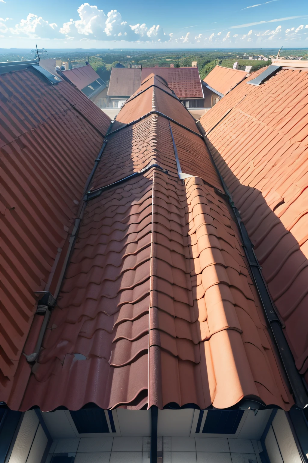 imagine Uma foto dividida ao meio, showing the same roof before and after a drone inspection. A metade esquerda mostra o telhado com problemas, while the right half shows the roof after inspection, com os problemas identificados marcados.