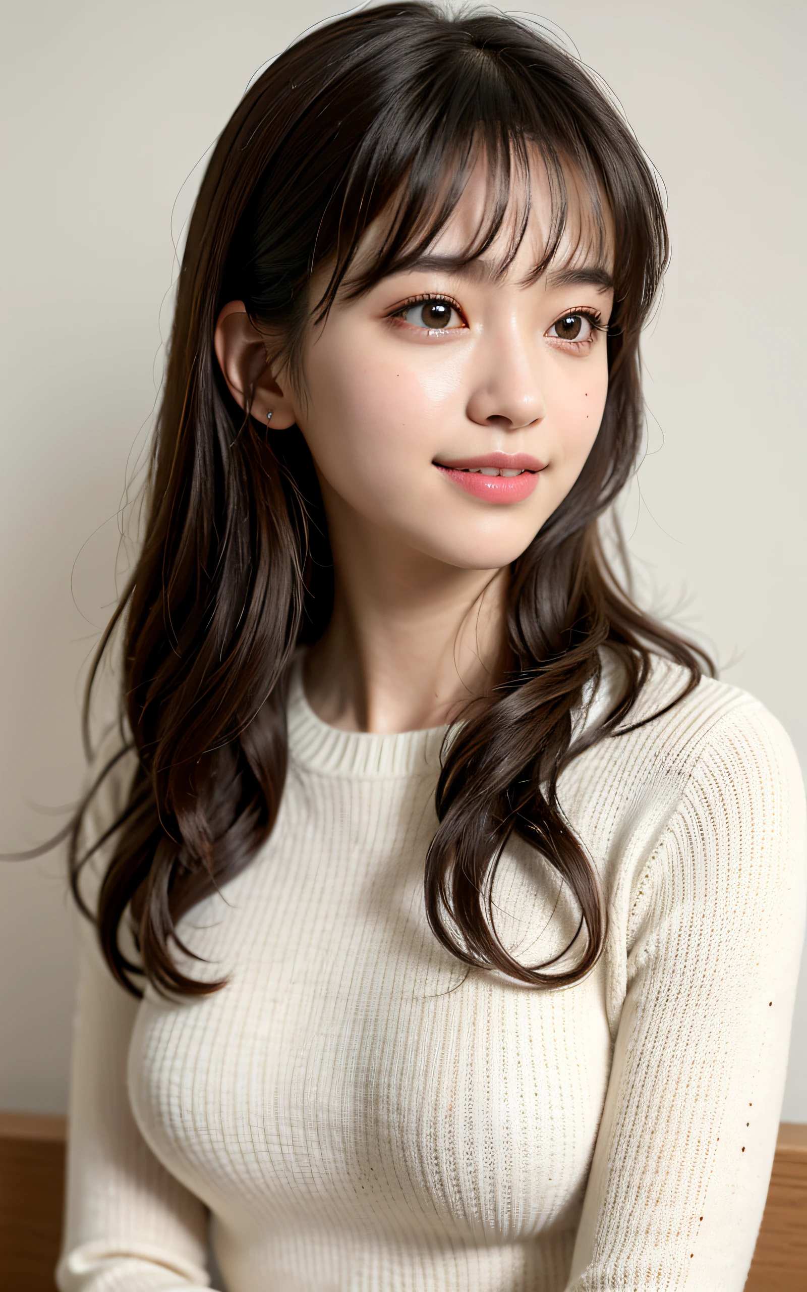 masterpiece, Best Quality, 8K, 1girl in, Raw photo, Professional Photography, Portrait, Soft light, Professional Lighting, Smile, Cute, Girly, Delicate girl, Neat and clean beauty, Looking away, Sophisticated, Film grain, (Eyes and faces with detailed:1.0), extreme close - up, Smile, Bangs, sweater
