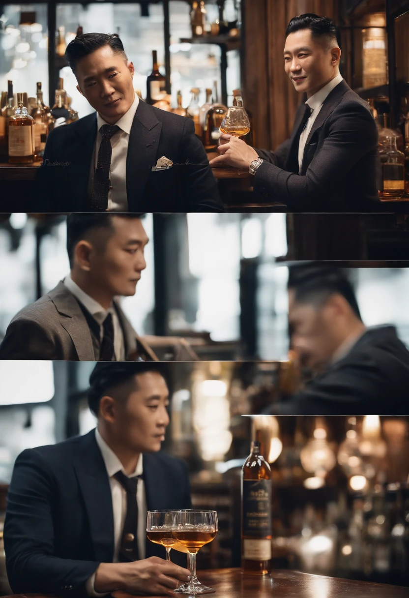 Dandyman、Black and white hair mesh、Gray hair、Man in his 40s、４Ｋpicture quality、An ultra-high picture quality、Real like a real human、wears a suit、Order whiskey from the shot bar、Dim shop、Stylish interior、Counter Table、A shop full of whiskey bottles、Gentle expression