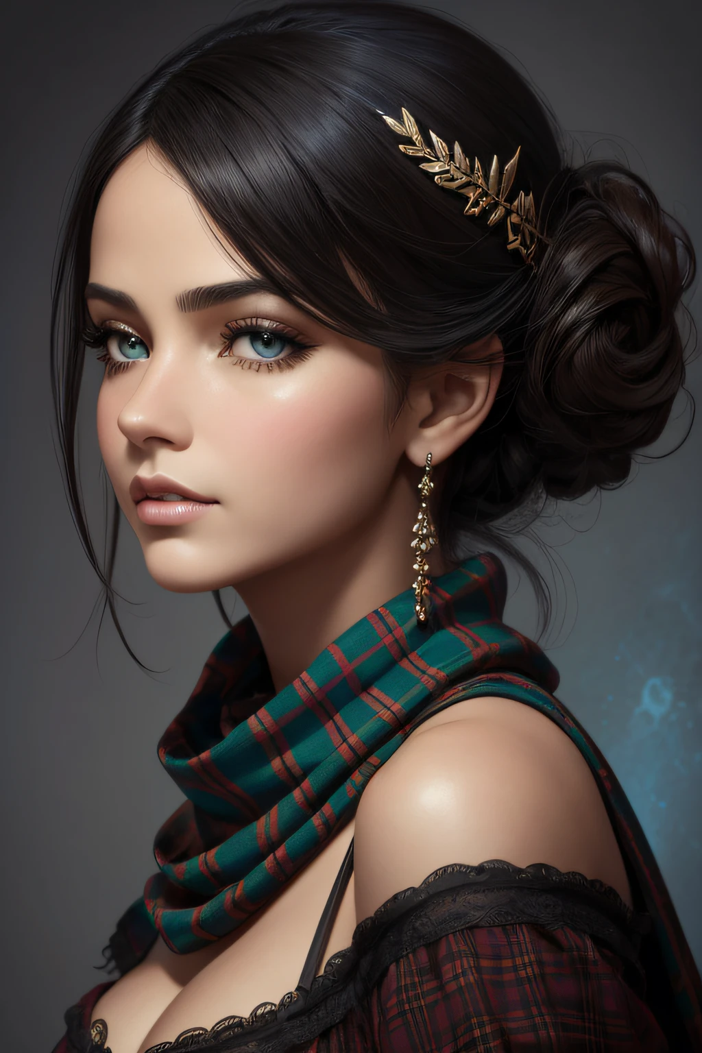 Cuerpo de retrato altamente detallado joven hermosa mujer negra colombiana, tartan scarf, degradado grey/negro/brown/naranja, grunge aesthetic, por atey ghailan Sakimichan, Jeremy Mann, Louis Icart, Makoto Kobayashi. Antecedentes de la ciudad, Arte digital chica maravillosa, fantastic face, Mujer negra colombiana hermoso look, cabello detallado, Ultra Enfoque, Cara iluminada, Cara detallada, 8K resolution, pintado, cepillo seco, Pinceladas, Estilo Razumov y estilo Garmash, Cuento de hadas. Rolf Armstrong, Ray Caesar, Fragonard. surrealismo, Hiperrealismo. Cara detallada, Cara perfecta, Ojos claros perfectos, Labios perfectos. Stunningly Detailed. ojos azules, tartan scarf, Gradiente