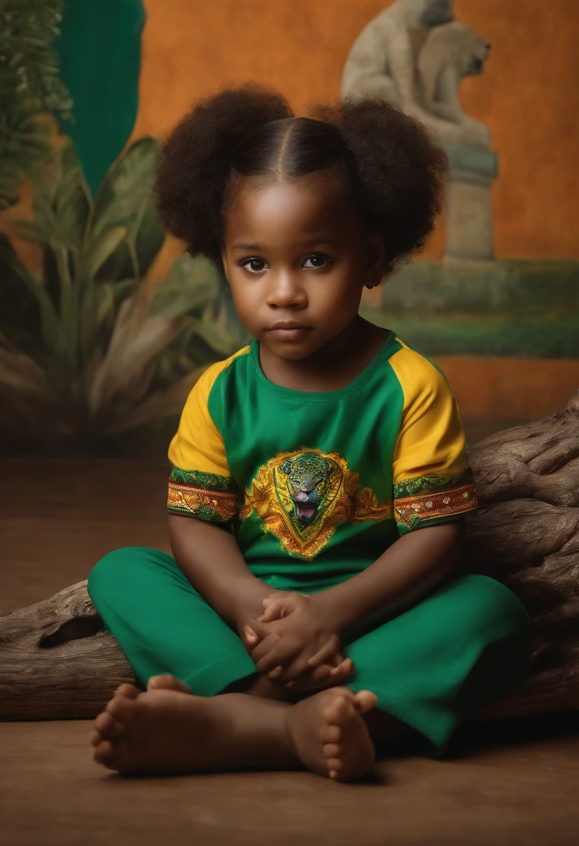 a -year chilwoman with the Brazil shirt sitting with her legs entwined and with her hand on a jaguar painting