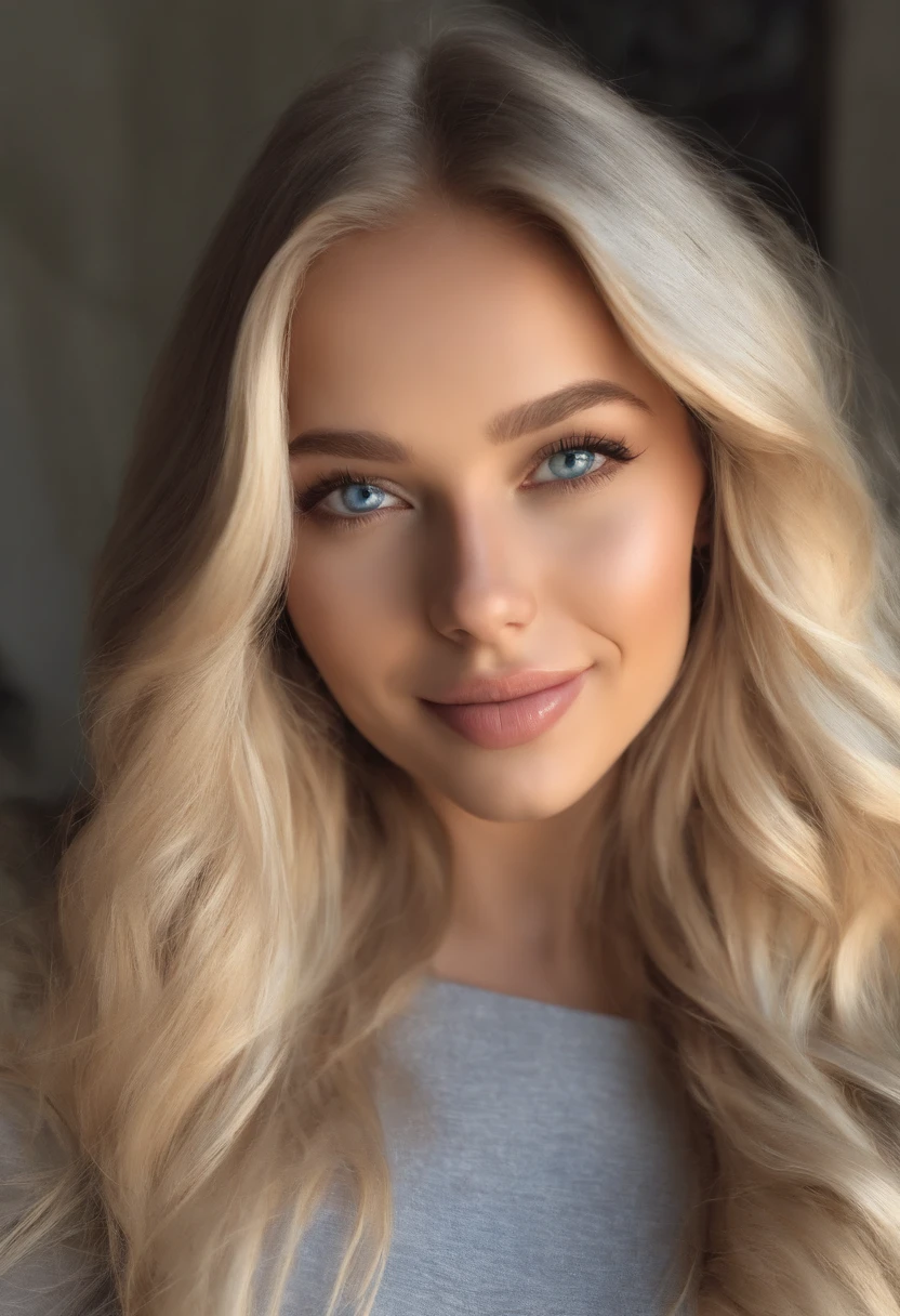 arafed woman fully , sexy girl with blue eyes, large bust, ultra realistic, meticulously detailed, portrait sophie mudd, blonde hair and large eyes, selfie of a young woman, bedroom eyes, violet myers, without makeup, natural makeup, looking directly at the camera, face with artgram, subtle makeup, stunning full body shot, nature, sunshine, smiling
