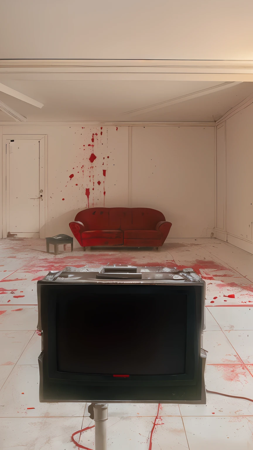 there is a television set sitting on a stand in a room, horror setting, set photograph, set photo, frank franzzeta, blood puddles on the floor, murder scene, commercial shot, placed in a living room, bloody scene, blood stains on the walls, in a living room, set design, movie setup, placed in a large living room
