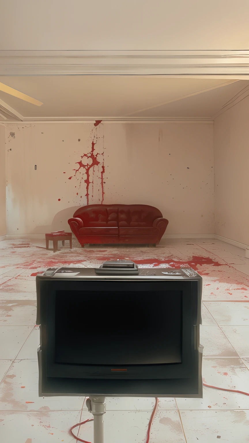 there is a television set sitting on a stand in a room, horror setting, set photograph, set photo, frank franzzeta, blood puddles on the floor, murder scene, commercial shot, placed in a living room, bloody scene, blood stains on the walls, in a living room, set design, movie setup, placed in a large living room