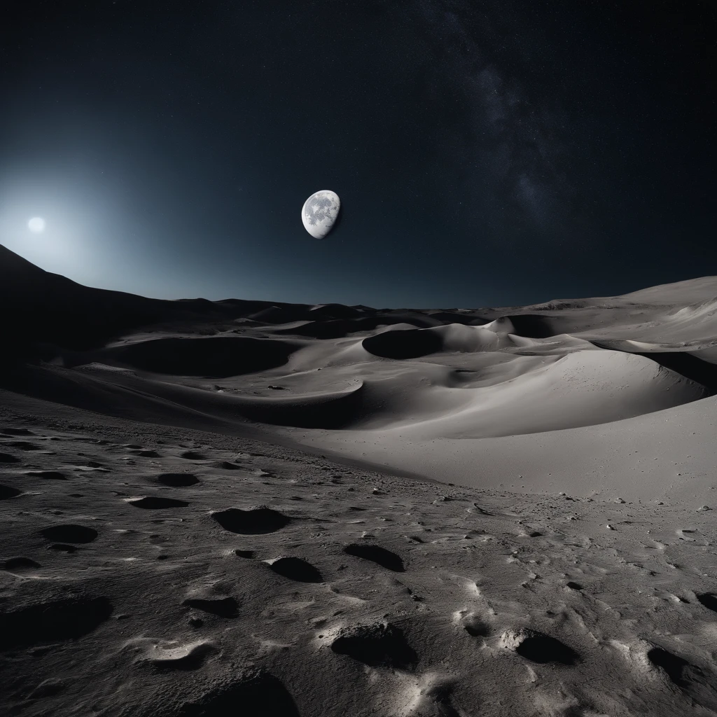 Master Parts、Superior Quality、superior image quality、The 8k quality、Beautiful pictures of the starry sky、magnifica、Arched Milky Way:1.25、Alafed view of Earth from the lunar surface:1.25, Lunar surface, space photo, on the moon, moon background, moon background, on the moon, Lunar soil, space photo, moonscape, Focus on the Moon, On Moon, Numerous craters, Seeing the Earth from the surface of the moon:1.9, big earth in the sky:1.9