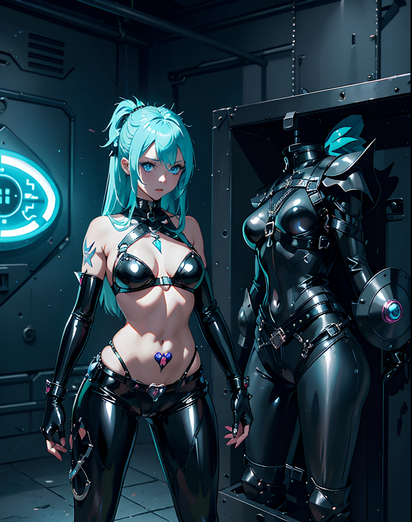 Evil magical girl in exhibitionist costume standing alone. Her outfit consists of latex fabric and transparent tights. She wears sharp black bikini armor. chastity belt. Metal pants.Pants with key. Sharp claws on her fingertips. Heart tattoo around her navel. Aqua color eyes shining with light. Futuristic machine on background