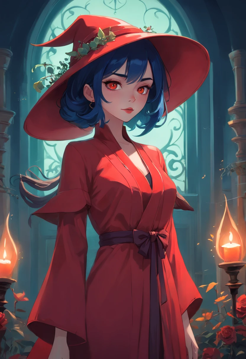 Il y a une femme en robe rouge et chapeau rouge, Abigail Larson, art in the style of disney, Phtoto en niveaux de gris avec robe rouge, Style artistique Disney, Persephone as goddess of death, Disney Female Villain, Style artistique Disney, Beau style de dessin, Lois Rossdraw, Red dress and witch's magic hat, Robe rouge et chapeau, inspired by Mab Graves in Tim Burton style. Dans le style Corpse Bride. Dans le style Addams Family