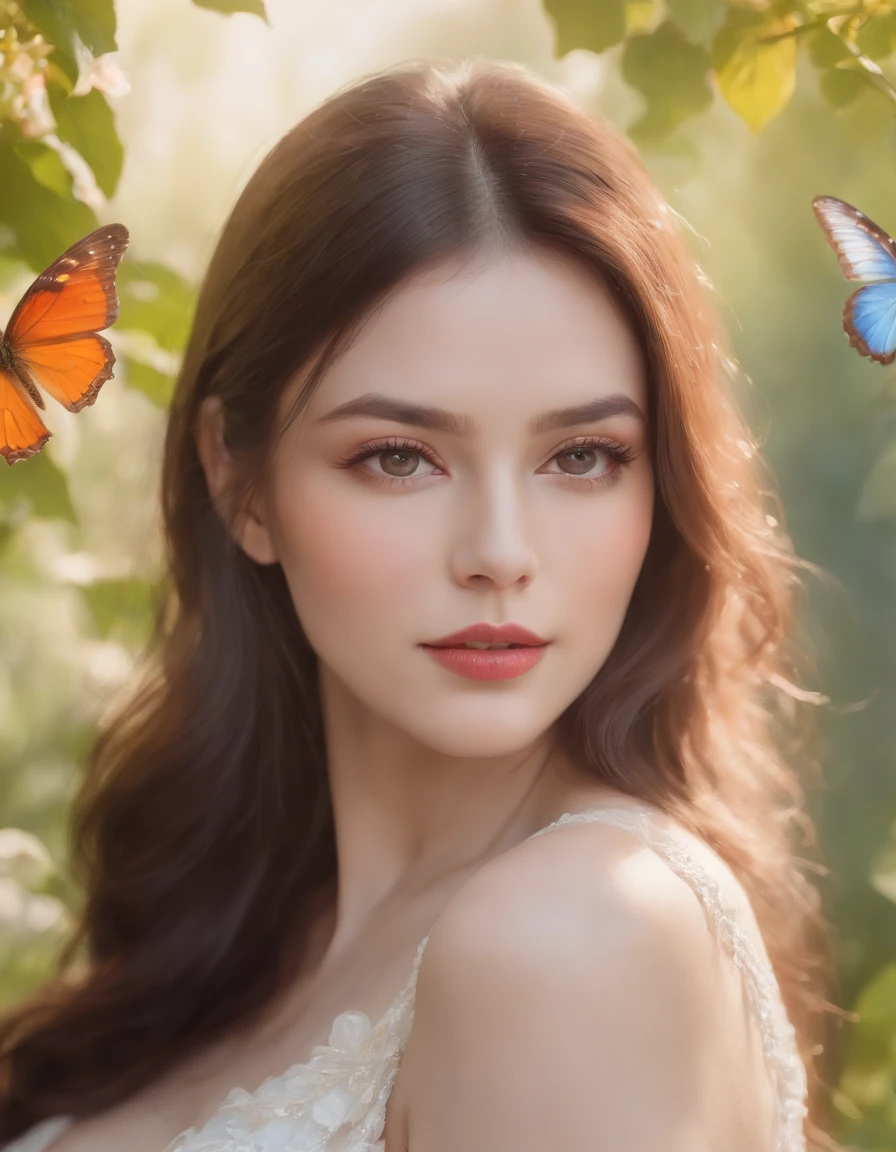 beautiful detailed lips, long dark hair, in a flower garden, wearing a flowing white dress, surrounded by colorful butterflies and blooming flowers, with soft sunlight illuminating her face and casting a warm glow on the scene, in a vibrant and vivid color palette, capturing the essence of feminine beauty and tranquility. (best quality, highres, ultra-detailed, photorealistic), oil painting, portraits, with a dreamy and ethereal atmosphere, showcasing the delicate features and graceful expression of the women, with subtle shadows and highlights, creating a sense of depth and realism.