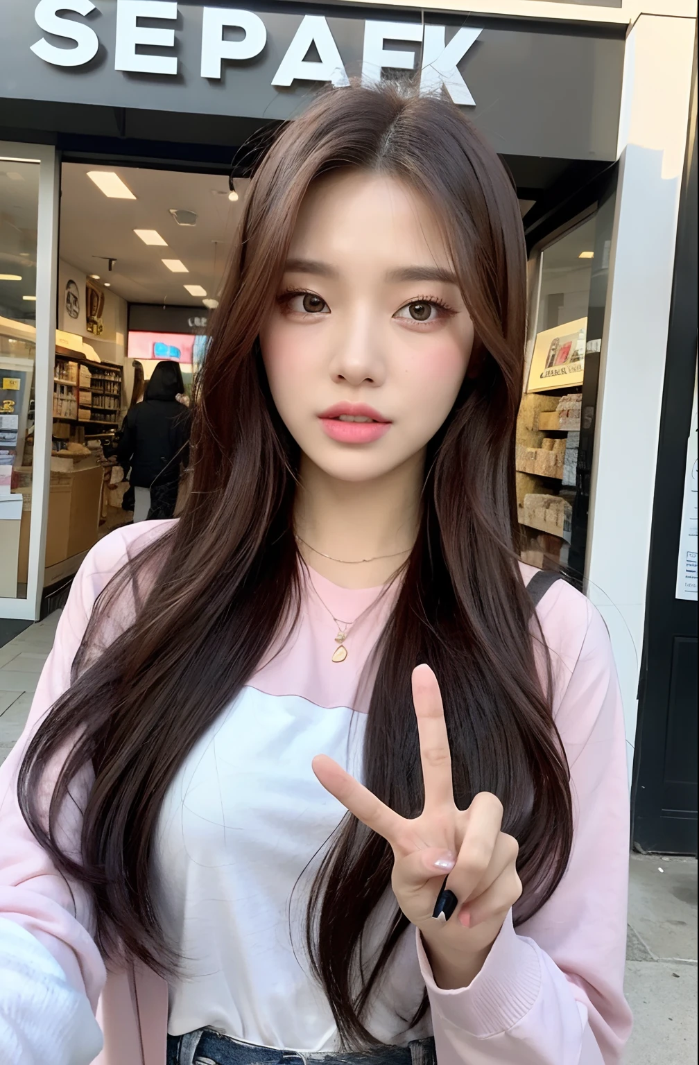 (((Best Quality, 8K, Masterpiece: 1.3,)), high-definition facial features, delicate facial feature, 1girl, Slim Abs Beauty: 1.3, ((long hair, natural hair, Big Breasts: 1.3)), ((((wearing causal attire with jacket)))), Fine Face, (((Delicate Eyes))), Double Eyelids, Smile, looking at the viewer, (full body 1.5), (((inside a cafe sitting))), ((((natural background)))), taking a coffee