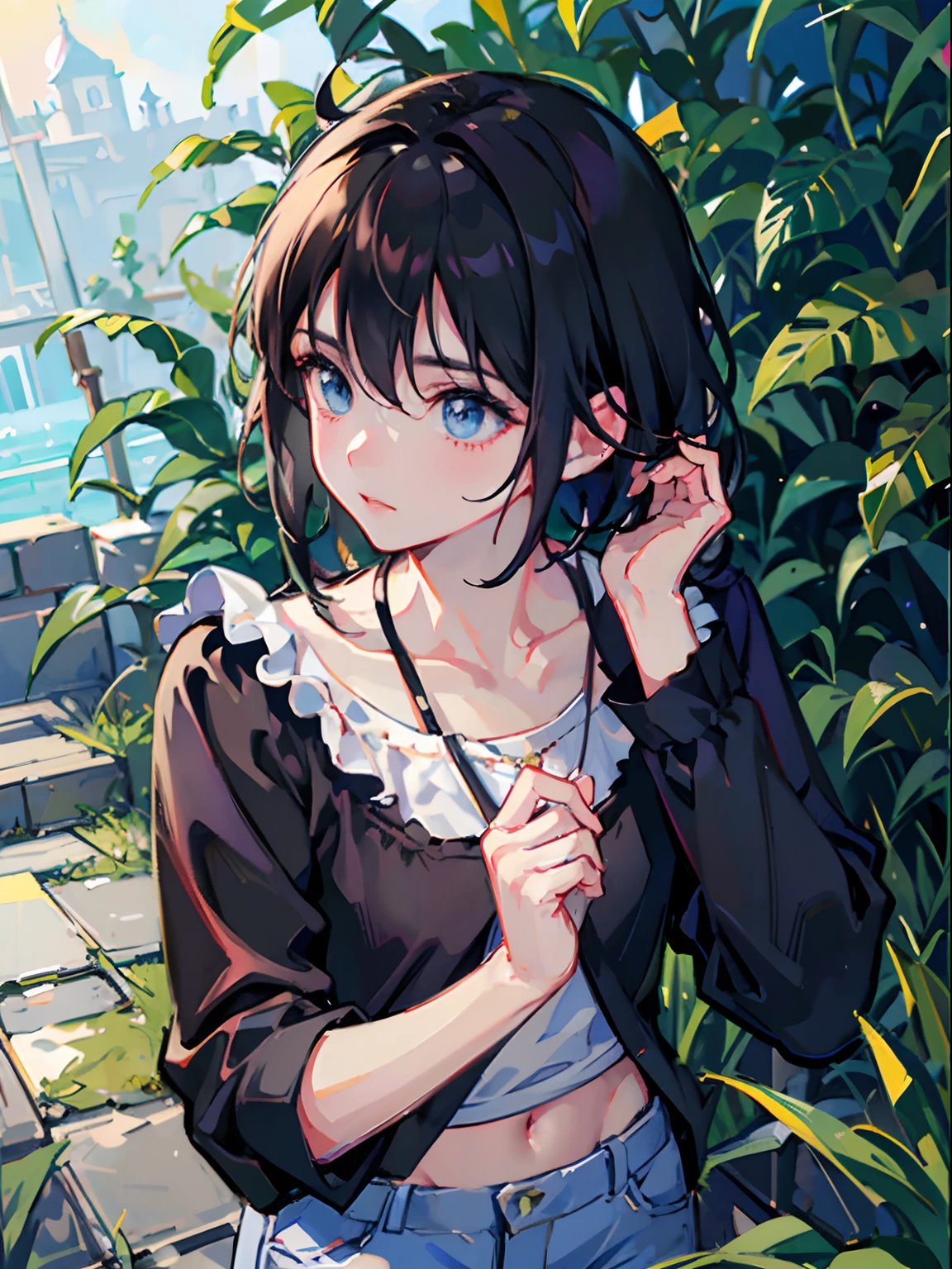 1boy, bangs, berries, black hair, black shirt, blue eyes, hair between eyes, jewelry, leaves, looking at the audience, male focus, necklace, pants, shirt, solo, watch, white pants, watch, messy hair, trends on artstation, 8k resolution, very detailed, anatomically correct, clear images, digital painting, concept art, fashion trends on pixiv, Makoto Shinkai's style,