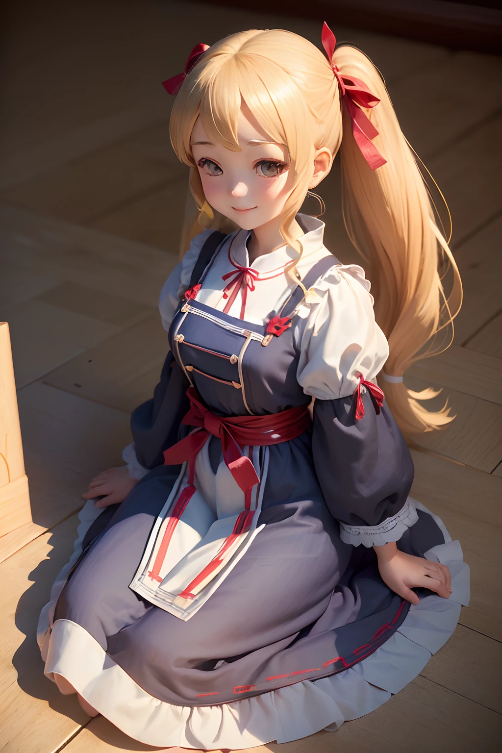 ( absurdly , High quality , ultra-detailliert ),Summer at noon、(((Piece of art))),on the coast、(()),Middle aged woman with long blonde twin tails、(((kowtow))),maid dress、with a red ribbon on the head,,,,,,、3D anime girl rendering,A smile,(())),(((Angle from top))),a closeup