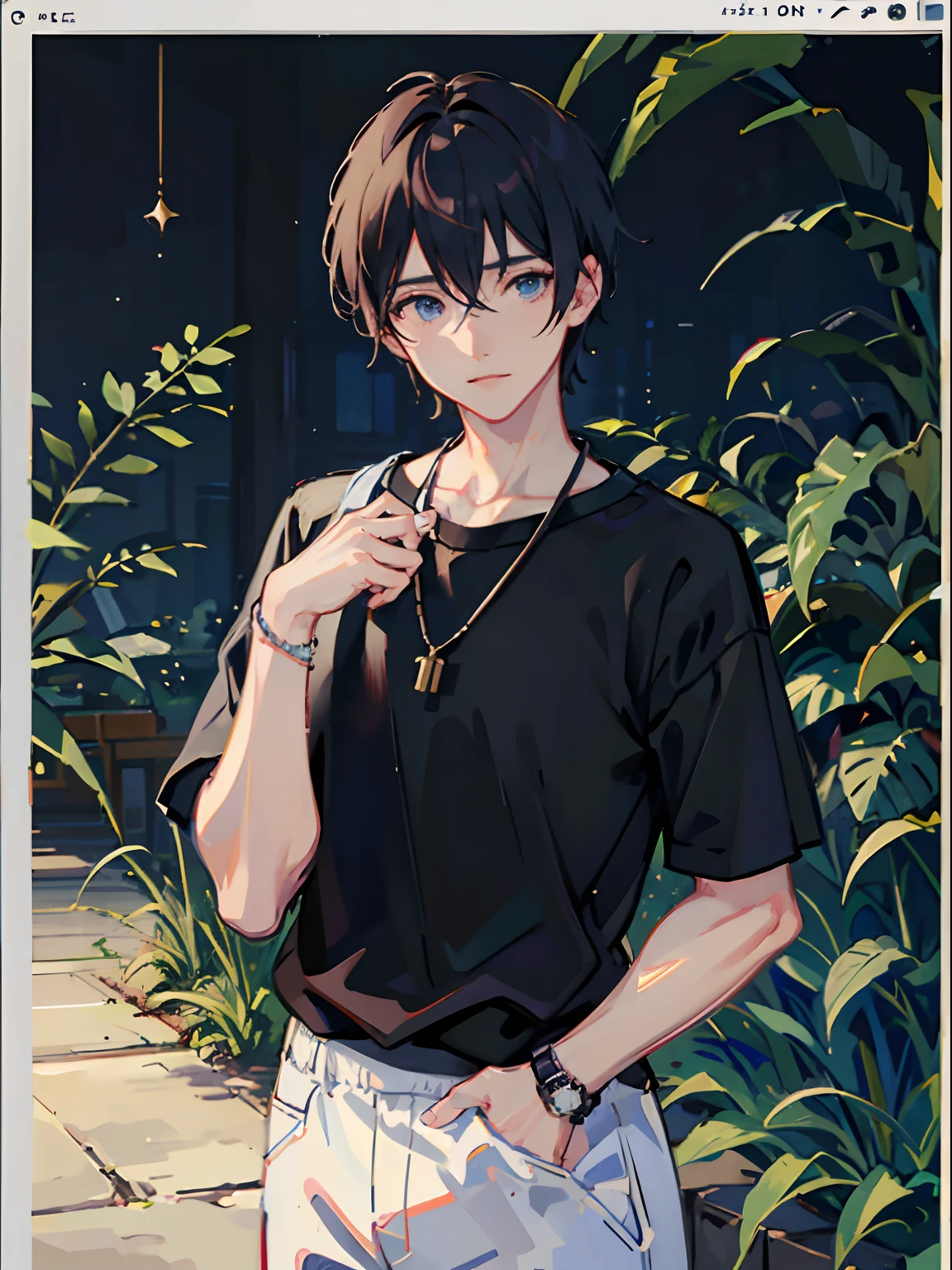 1boy, bangs, berries, black hair, black shirt, blue eyes, hair between eyes, jewelry, leaves, looking at the audience, male focus, necklace, pants, shirt, solo, watch, white pants, watch, messy hair, trends on artstation, 8k resolution, very detailed, anatomically correct, clear images, digital painting, concept art, fashion trends on pixiv, Makoto Shinkai's style,