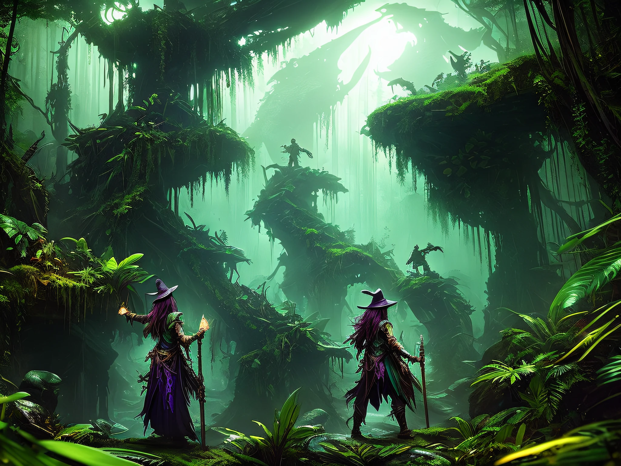 a corrupted dark jungle, witch using magic with hand rasing high, magical fantasy, landscape, UHD, best quality, masterpiece, award winning