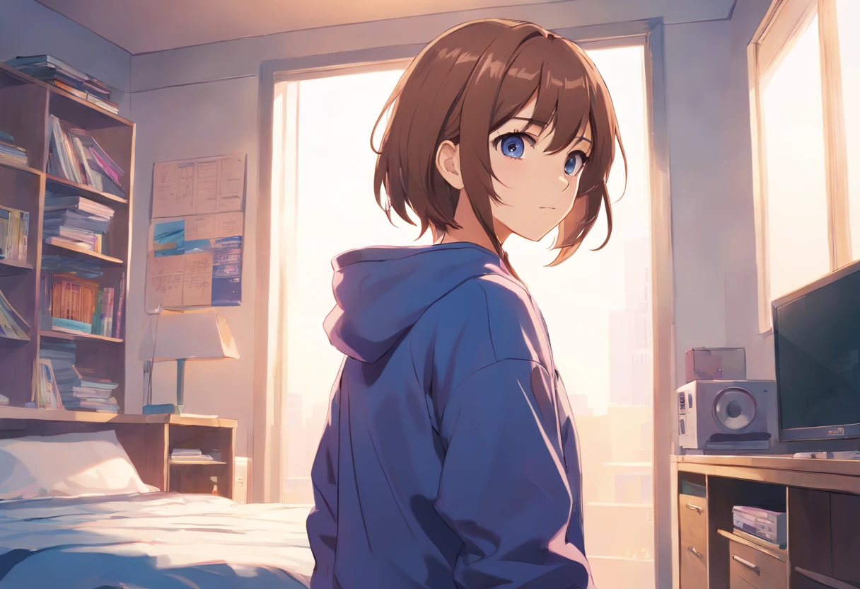 1girl, brown light hair, ojos azules, Mirando al espectador, bragas grises, Sujetador deportivo gris, Chaqueta morada de pista abierta, Standing in your room, fondo blanco, bragas, piernas, sin pantalones, pelo largo, solo