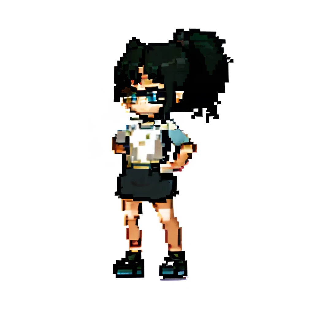 Girl with black hair gathered in a high ponytail, The eyes are green with a cat's pupil, white shirt, pencil skirt, black glasses, Serious face