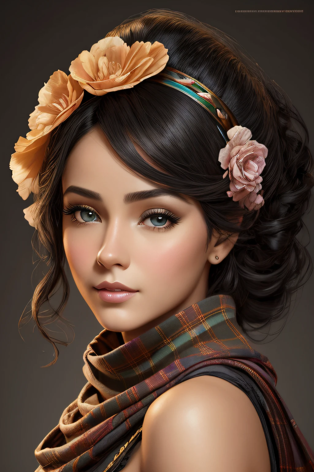 Cuerpo de retrato altamente detallado joven hermosa mujer negra colombiana, tartan scarf, degradado grey/negro/brown/naranja, grunge aesthetic, por atey ghailan Sakimichan, Jeremy Mann, Louis Icart, Makoto Kobayashi. Antecedentes de la ciudad, Arte digital chica maravillosa, fantastic face, Mujer negra colombiana hermoso look, cabello detallado, Ultra Enfoque, Cara iluminada, Cara detallada, 8K resolution, pintado, cepillo seco, Pinceladas, Estilo Razumov y estilo Garmash, Cuento de hadas. Rolf Armstrong, Ray Caesar, Fragonard. surrealismo, Hiperrealismo. Cara detallada, Cara perfecta, Ojos claros perfectos, Labios perfectos. Stunningly Detailed. ojos azules, tartan scarf, Gradiente