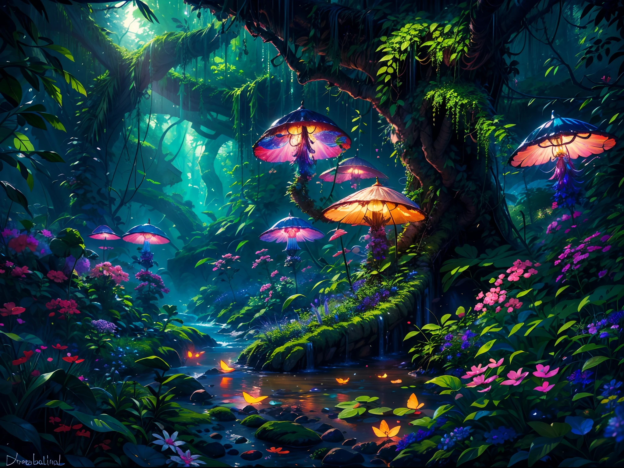 (best quality,4k,8k,highres,masterpiece:1.2),ultra-detailed,(realistic,photorealistic,photo-realistic:1.37),fantasy jungle,blue leaf,pink butterfly,firefly,glowing mushroom,strange looking tree,black vines,strange looking flowers,floating jelly fish,colorful flowers and tree,ethereal lighting,vibrant colors,beautiful foliage,lush greenery,magical atmosphere,whimsical details,dreamlike scenery,serene ambience,tropical paradise,mythical creatures,hidden treasures,peaceful solitude,majestic waterfalls,mysterious charm,enchanted forest,enchanted beauty,ethereal glow