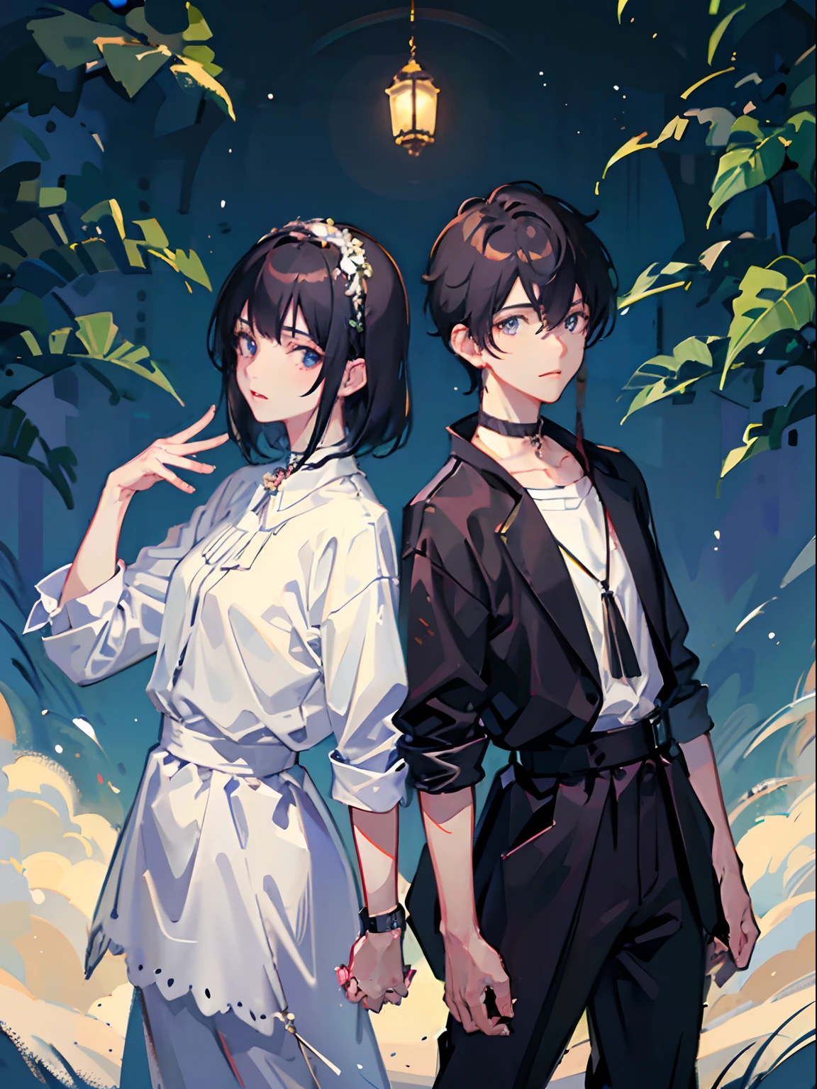 2 boys，By bangs，berries，Black hair，Black shirt，eBlue eyes，Hair between both eyes，jewely，leafs，looking at viewert，malefocus，choker necklace，trouser，The shirt，独奏，Wrist watch，White pants，Wrist watch，Messy hair, Trends on ArtStation, 8K分辨率, The is very detailed, anatomically correcte, Sharp Images, digitial painting, concept-art, Popular trends on pixiv, Makoto Shinkai's style,