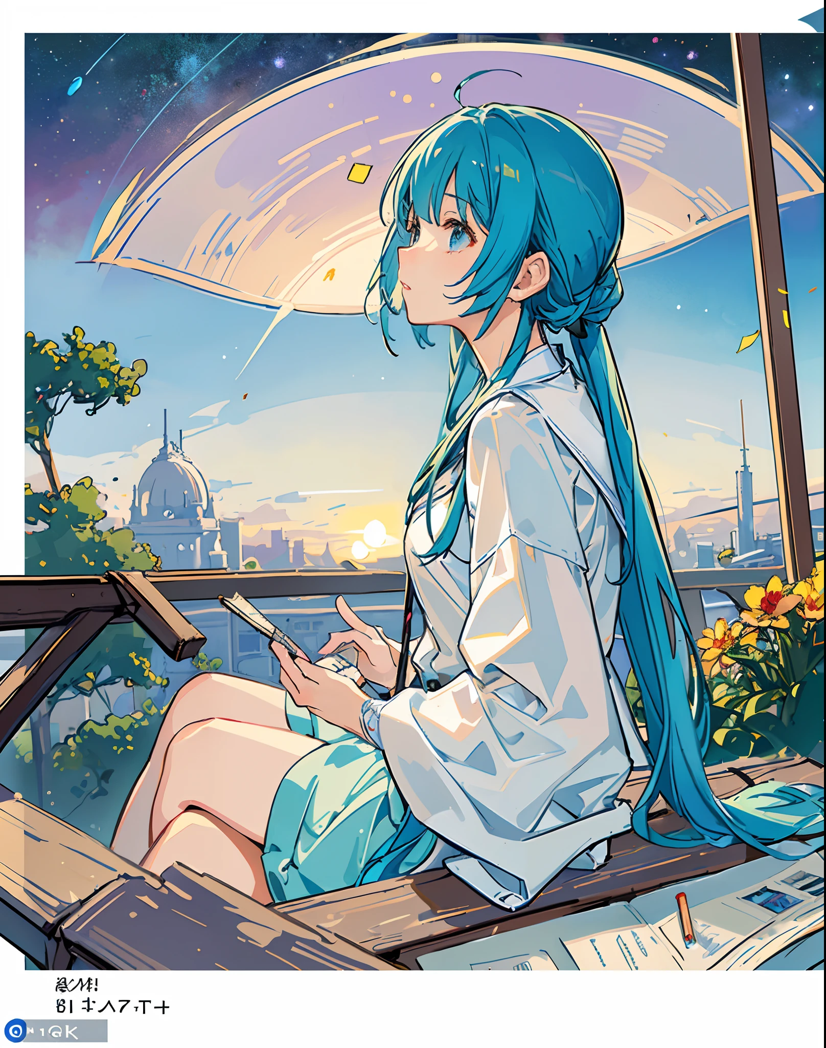 best quality, masterpiece, extremely detailed, detailed background, anime, 1girl, young girl, short girl, sci-fi, science fiction, outdoors, night, starry sky, greenhouse, megastructure, bio-dome, landscape, scenery, horizon, rooftop, sitting on rooftop, wind, looking away, atmospheric lighting, solo focus, close up, from side, depth of field, bokeh